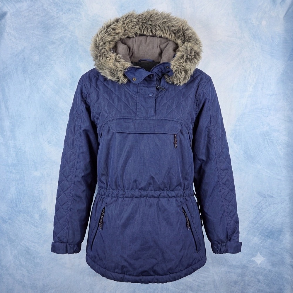 LL Bean Womens Anorak Parka Navy Blue Quilted Pullover Faux Fur Hood Small CQ45